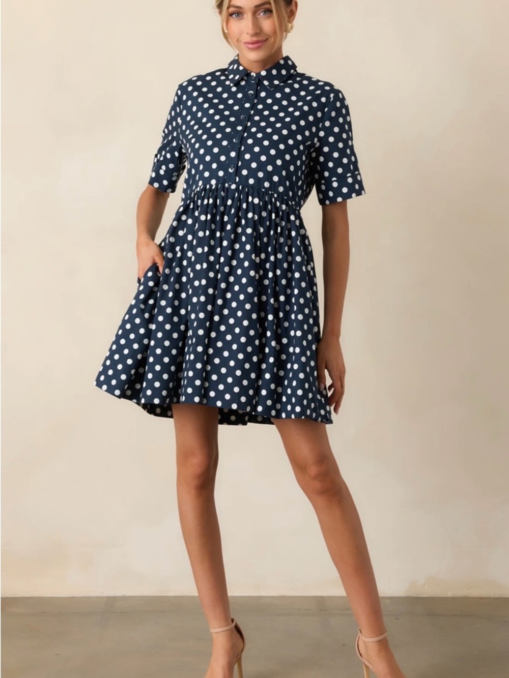 NWT Prosperina Piper Navy White Polka Dot Mini Dress - size Small